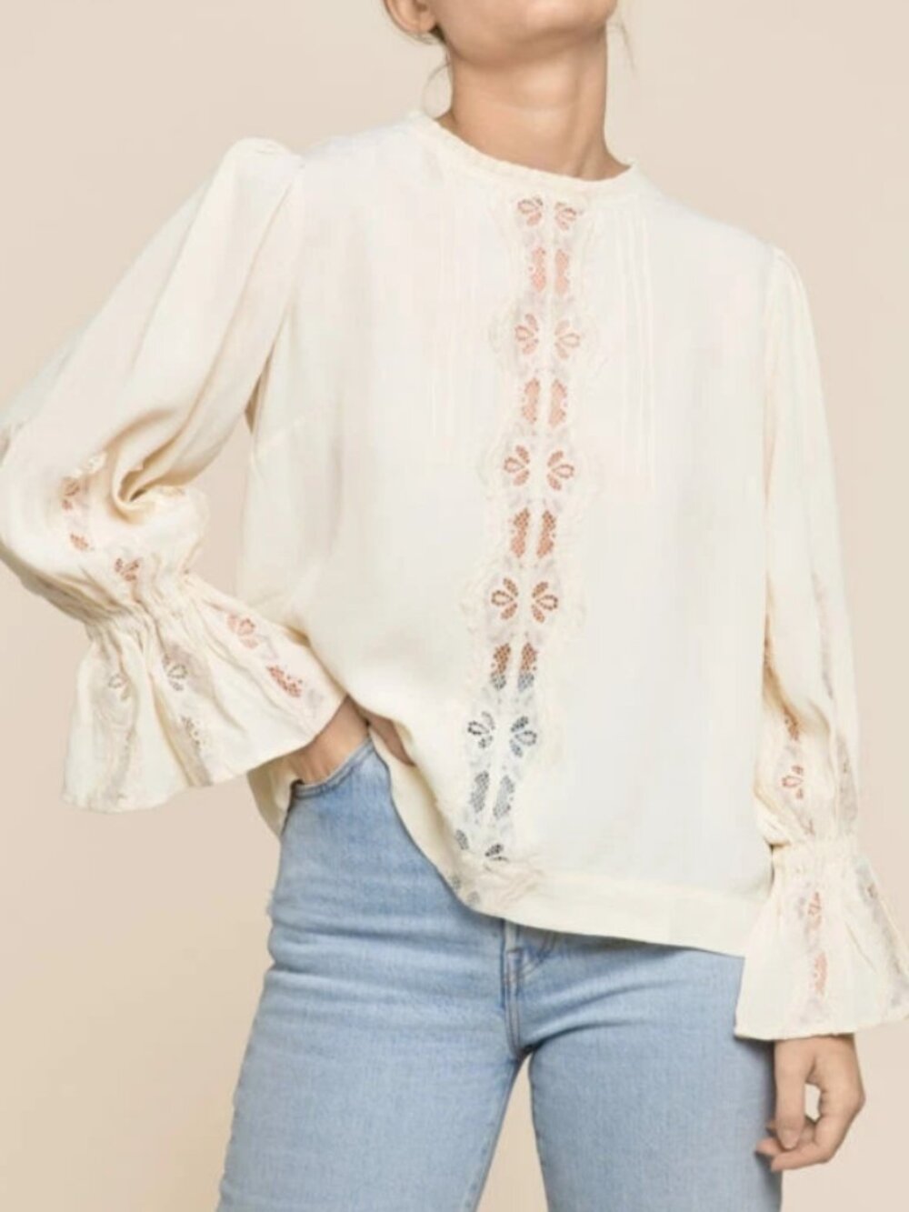 ByTiMo Elegant Lace Blouse Creme Ruffle Round Neck Buttondown Top S